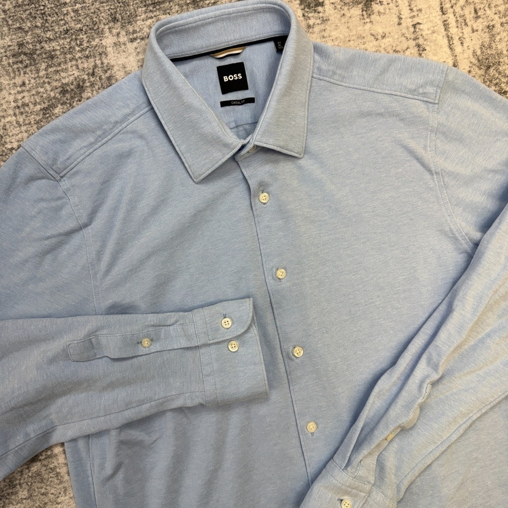 BOSS Shirt Mens XL 17.5 LIght Blue Pique Knit Dress Business Casual Fit HAL KENT